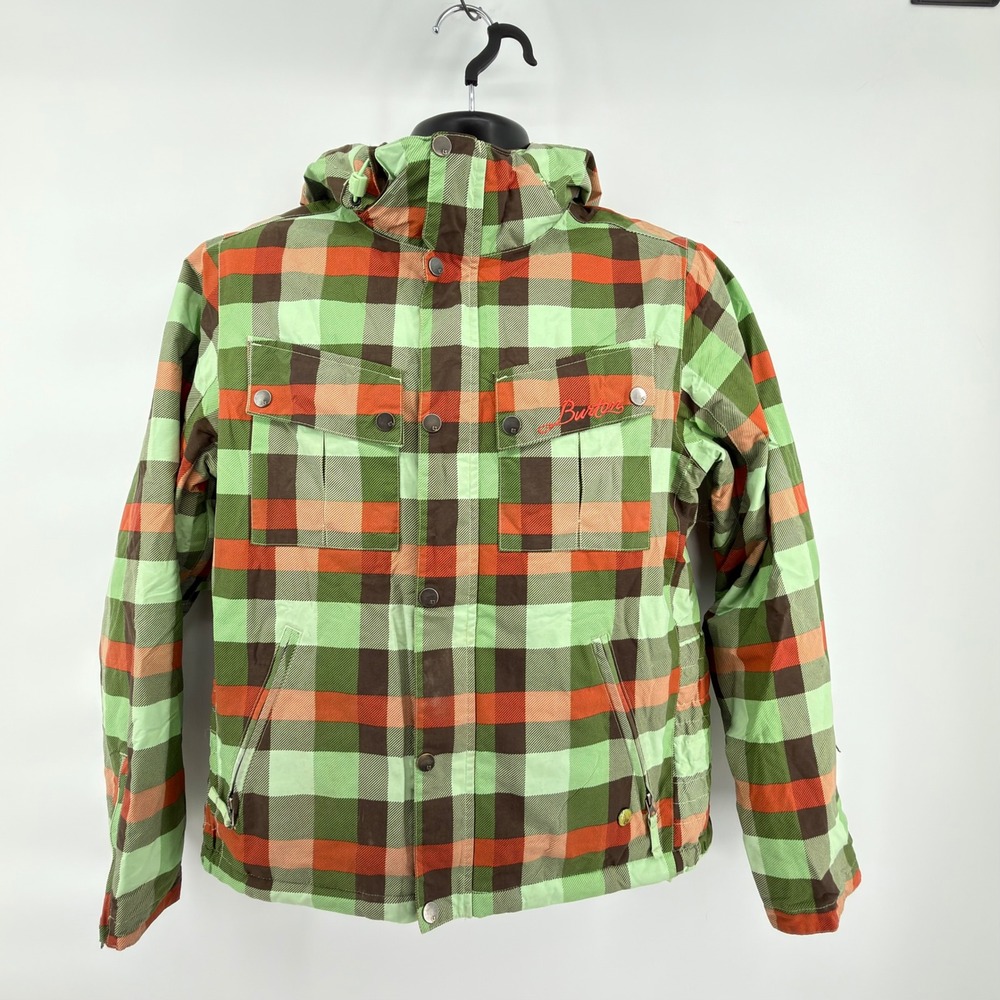 Burton Snowboard Jacket Mens Large Plaid Hooded Insulated Ski Winter Coat Green
